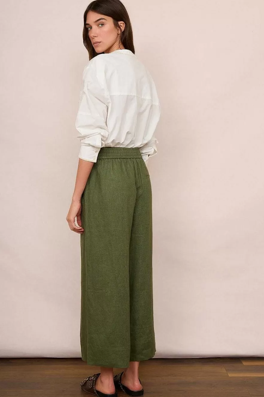 WYSE London Linen-Alma Cropped Linen Trouser - Khaki