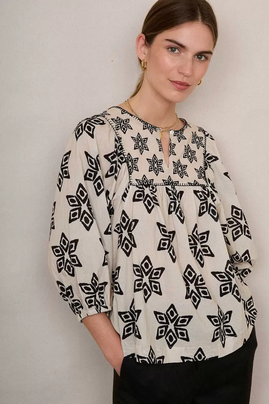 WYSE London Tops-Asley Geo Blouse - Ivory/Black Ikat