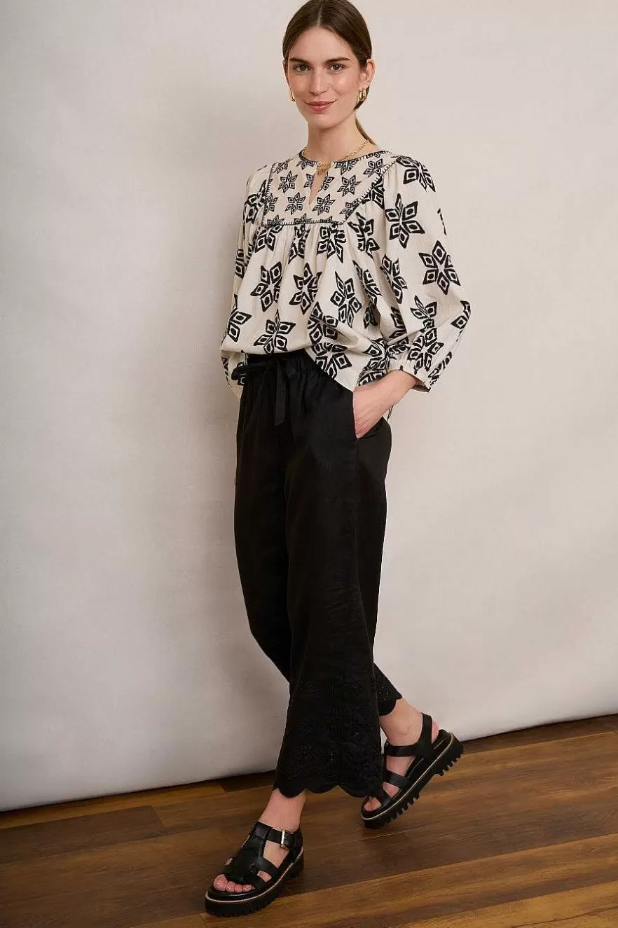 WYSE London Tops-Asley Geo Blouse - Ivory/Black Ikat