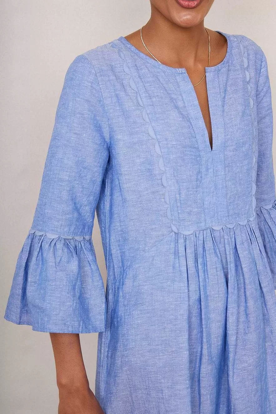 WYSE London Linen-Billie Scallop Dress - Blue