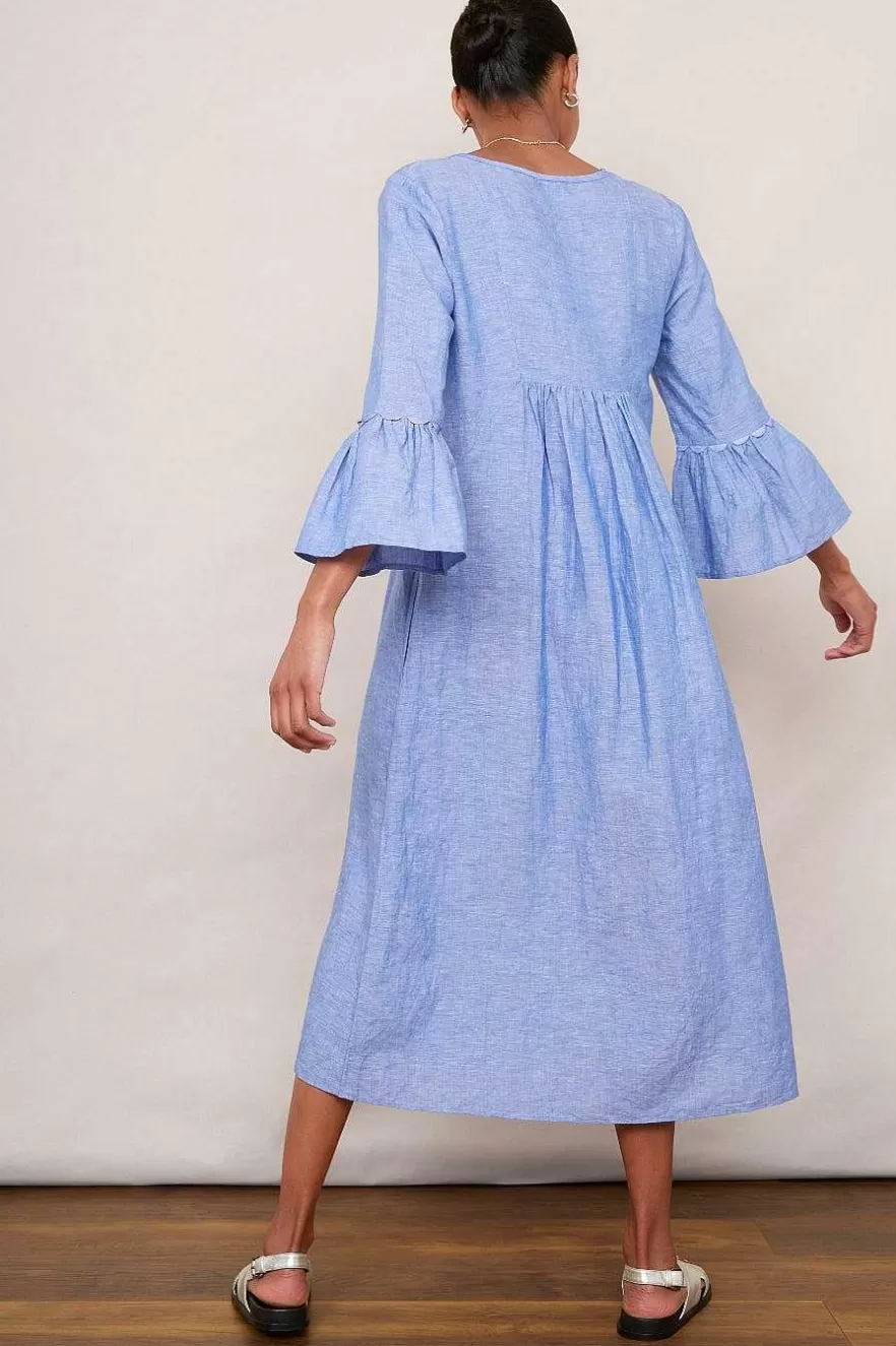 WYSE London Linen-Billie Scallop Dress - Blue