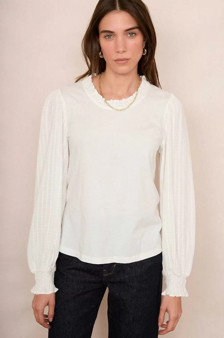 WYSE London Tops-Challes Woven Sleeve Tee - Ivory