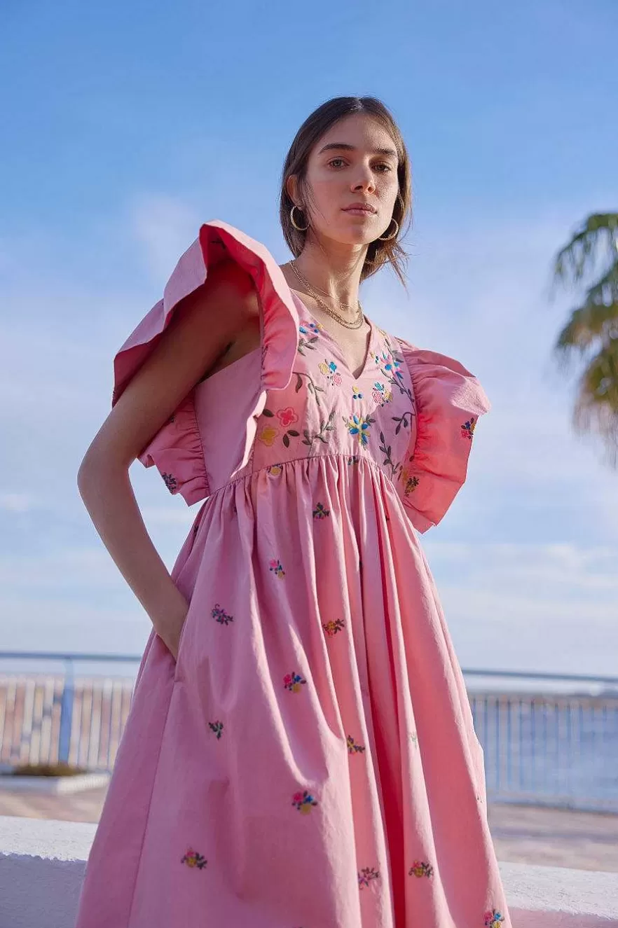 WYSE London Dresses & Jumpsuits-Emmeline Dress - Pink Embroidered