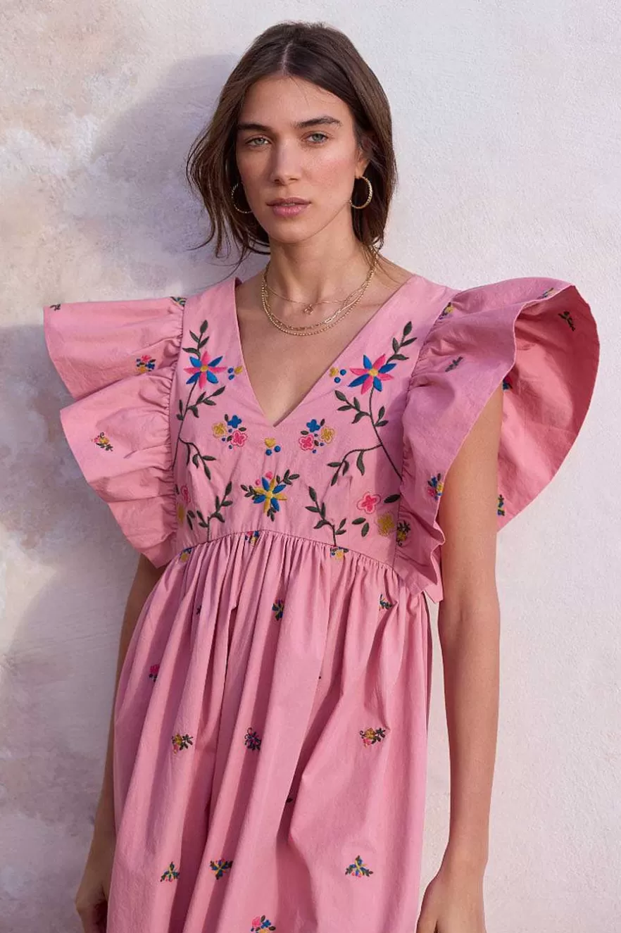 WYSE London Occasionwear-Emmeline Dress - Pink Embroidered