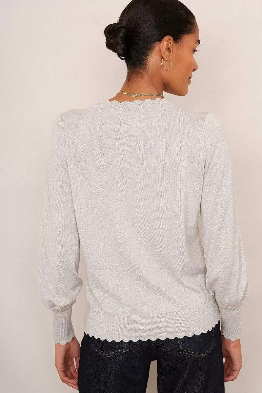 WYSE London Knitwear-Fleurine Scallop Jumper - Light Grey Sparkle