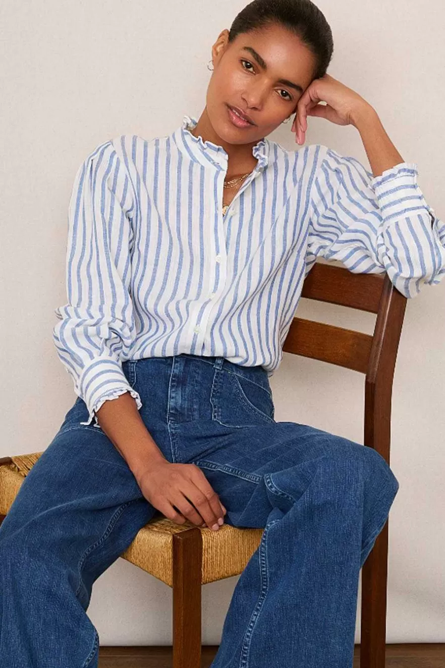 WYSE London Holiday-Paris Linen Frill Shirt - Blue Stripe