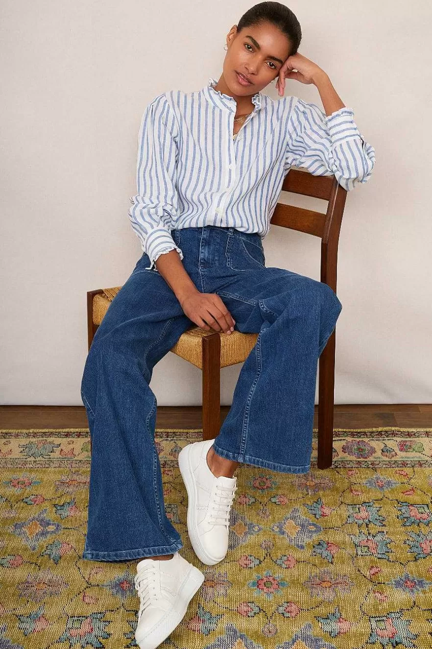 WYSE London Linen-Paris Linen Frill Shirt - Blue Stripe