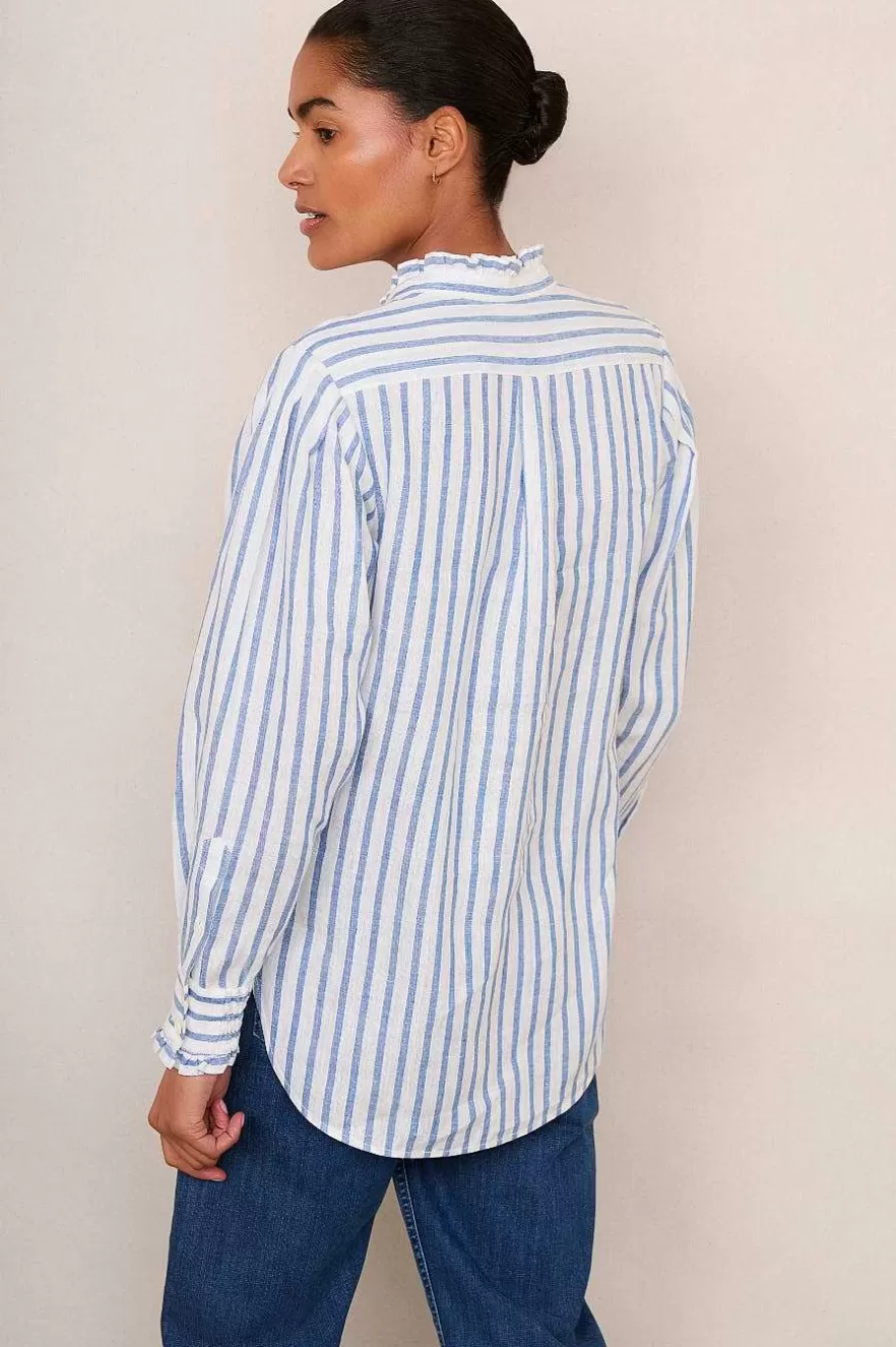 WYSE London Holiday-Paris Linen Frill Shirt - Blue Stripe